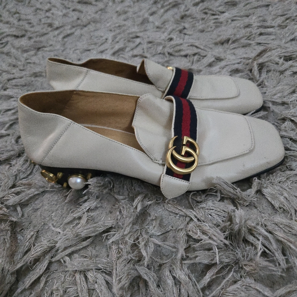 Gucci Peyton White Leather Loafers Pearl Heel Web Stripe GG Logo Sz 39 - Picture 6 of 11